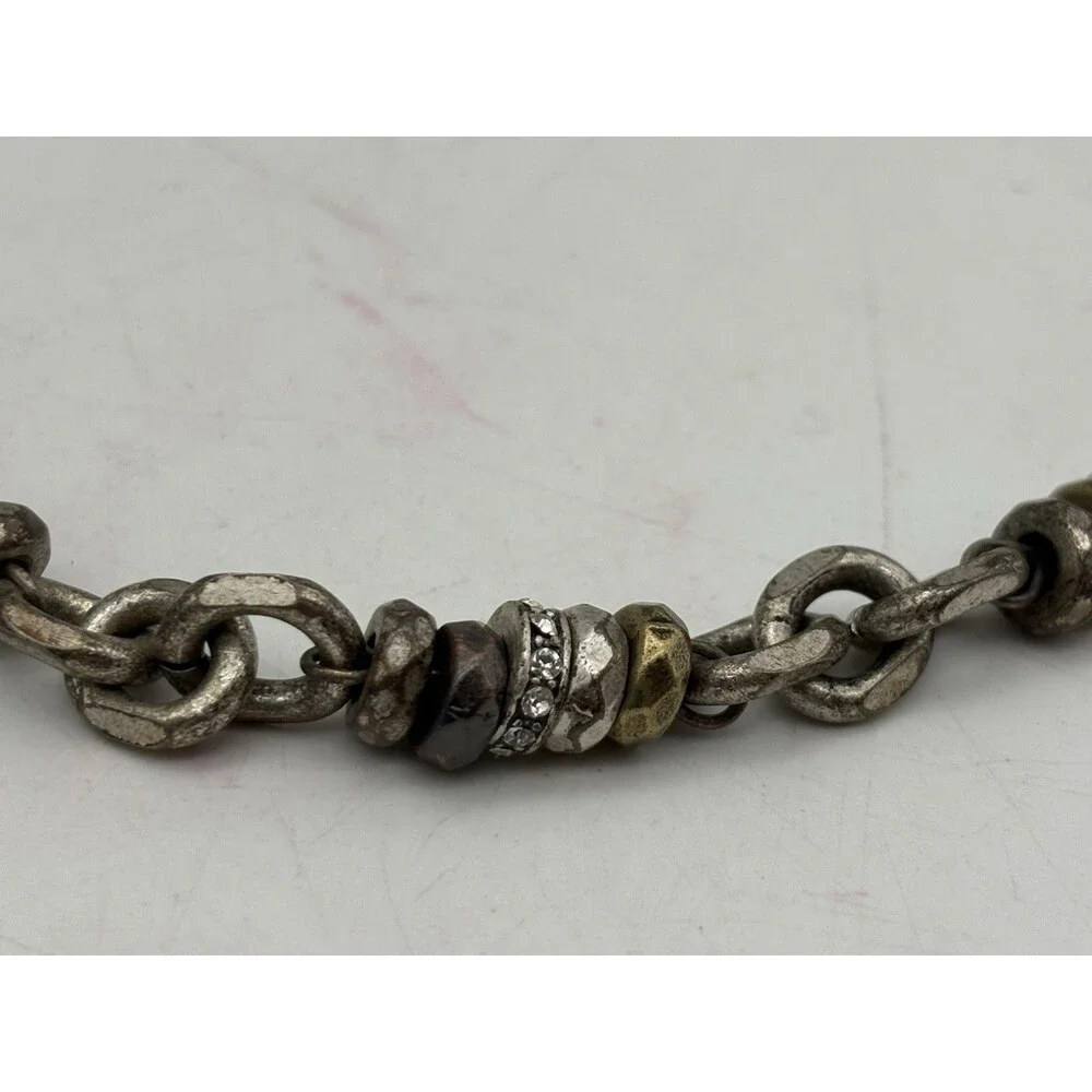 Fossil Silver Tone Chain Necklace Key Heart Charm Mixed Metal Rhinestone 18”